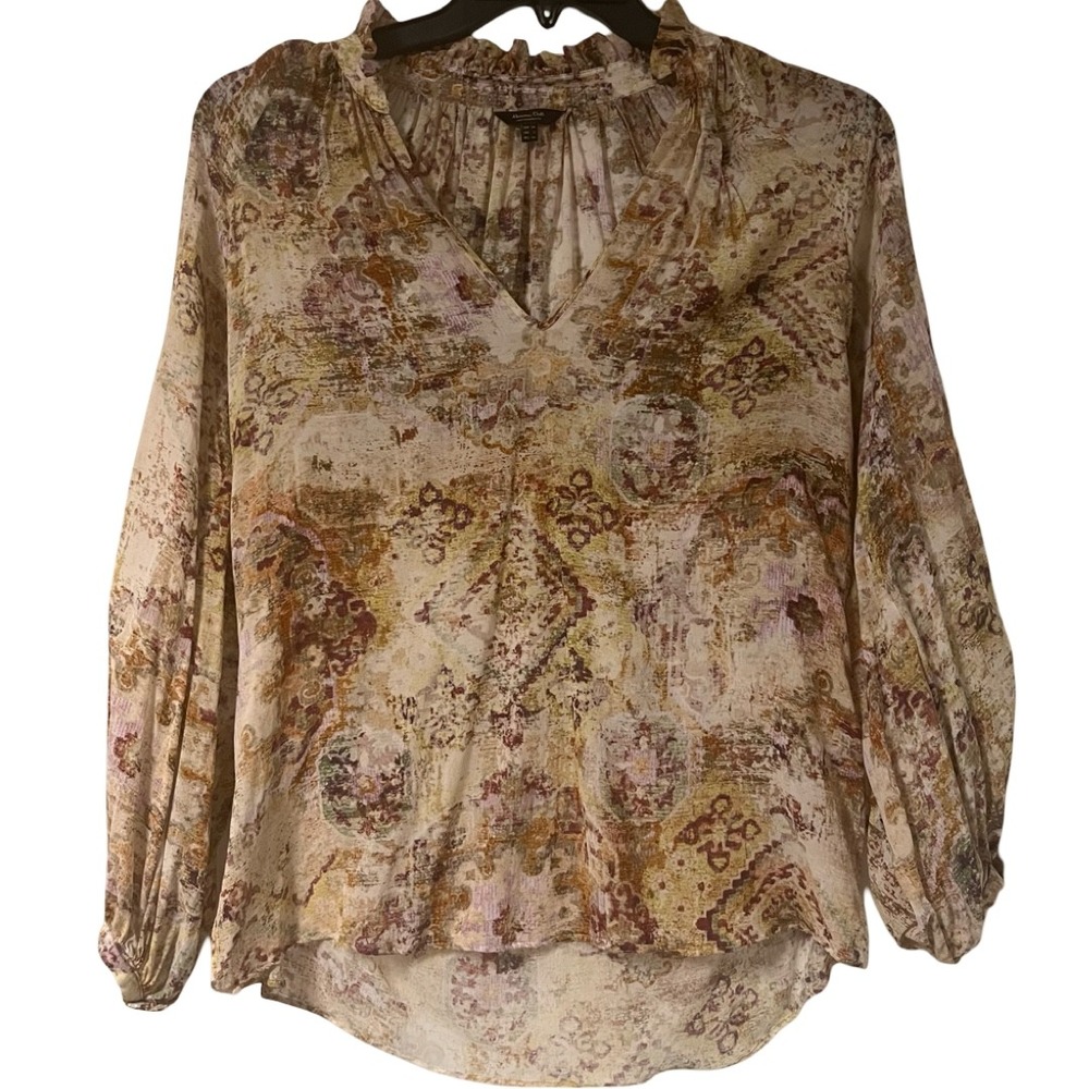 Massimo Dutti Boho Floral Print Ruffle V-Neck Blouse Semi Sheer Women Size 2